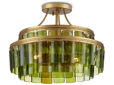 Currey & Company Vintner 15" 3-Light Contemporary Gold Leaf Green Drum Semi Flush Mount CY90000984