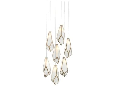 Currey & Company Glace 15" 7-Light White Antique Brass Silver Glass Geometric Tiered Pendant CY90001035