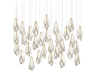 Currey & Company Glace 56" 30-Light White Antique Brass Silver Glass Geometric Tiered Island Pendant CY90001038