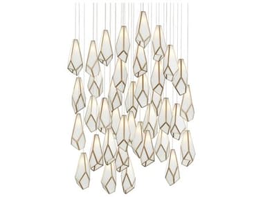 Currey & Company Glace 35" 36-Light White Antique Brass Silver Glass Tiered Pendant CY90001039