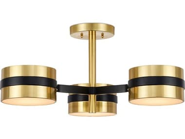 Currey & Company Heybrook 3-Light Polished Brass Black White Cylinder Semi Flush Mount CY90001171