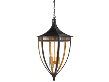 Currey & Company Wycombe 4-Light Satin Black Contemporary Gold Leaf Lantern Pendant CY90001217