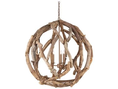 Currey & Company Driftwood 3-Light Natural Wood Globe Chandelier CY9078