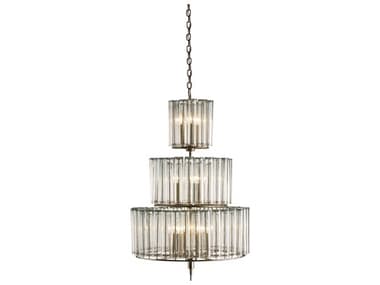 Currey & Company Bevilacqua 12-Light Silver Leaf Glass Candelabra Drum Tiered Chandelier CY9309