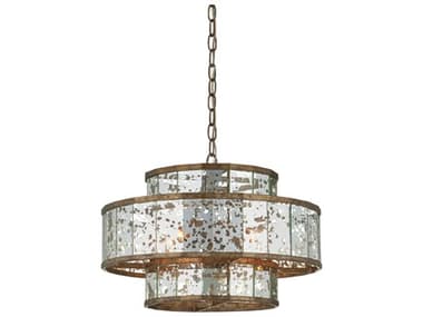 Currey & Company Fantine 4-Light Pyrite Bronze Raj Mirror Glass Candelabra Drum Chandelier CY9759