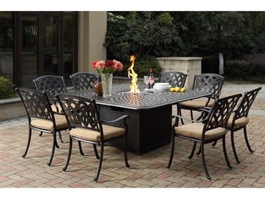 Darlee Outdoor Living Ocean View Cast Aluminum 9-Piece Propane Fire Pit Dining Set with Cushions and 64'' Square Fire Pit Dining Table and Fireglass DA2016309PC60GW