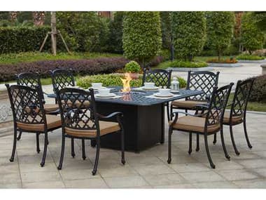 Darlee Outdoor Living Madison Cast Aluminum 9- Piece Propane Fire Pit Dining Set with 64 Inch Square in Antique Bronze DA2016509PC60GW