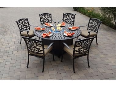 Darlee Outdoor Living Santa Monica Cast Aluminum  7-Piece Propane Fire Pit Dining Set with Cushions and 60'' Round Fire Pit Dining Table and Fireglass DADL20527PC60GD