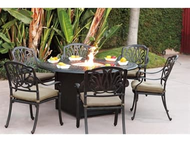 Darlee Outdoor Living Elisabeth Cast Aluminum 7-Piece Propane Fire Pit Dining Set with Cushions and 60'' Fire Pit Dining Table DADL7077PC60GD