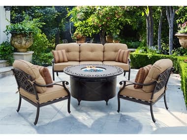 Darlee Outdoor Living Nassau Cast Aluminum Antique Bronze 4 Piece Fire Pit Lounge Set in Sesame Cushions with 47'' Wide Round Fire Pi Table and Fireglass DANDL6034PCS35QBSP