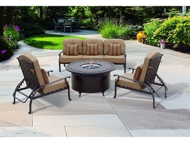 Darlee Outdoor Living Nassau Cast Aluminum Antique Bronze 4 Piece Fire Pit Lounge Set in Sesame Cushions with 47'' Wide Round Fire Pit Table and Fireglass DANDL6034PCSA35QBSP