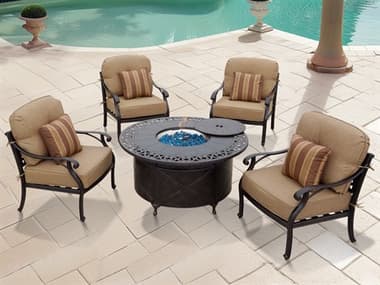 Darlee Outdoor Living Nassau Cast Aluminum Antique Bronze 5 Piece Propane Fire Pit Lounge Set in Sesame Cushions with 47'' Wide Round Fire Pit Chat Table and Fireglass DANDL6035PC35QBSP