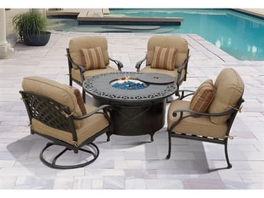 Darlee Outdoor Living Nassau Cast Aluminum Antique Bronze 5 Piece Propane Fire Pit Lounge Set in Sesame Cushionswith 47'' Wide Round Fire Pit Chat Table and Fireglass DANDL6035PCR35QBSP