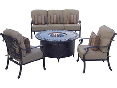 Darlee Outdoor Living Santa Monica Cast Aluminum Antique Bronze 4 Piece Propane Fire Pit Lounge Set in Sesame Cushions with 47'' Wide Round Fire Pit Chat Table DANDL20584PCS35QBSP