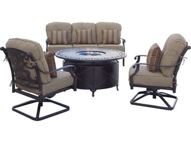 Darlee Outdoor Living Santa Monica Cast Aluminum Antique Bronze 4 Piece Propane Fire Pit Lounge Set in Sesame Cushions with 47'' Wide Round Fire Pit Chat Table DANDL20584PCSR35QBSP