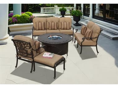 Darlee Outdoor Living Santa Monica Cast Aluminum Antique Bronze 5 Piece Propane Fire Pit Lounge Set in Sesame Cushions with 52'' Wide Round Fire Pit Chat Table DANDL20585PCD35QBSP