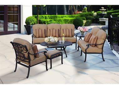Darlee Outdoor Living Santa Monica Cast Aluminum Antique Bronze 6 Piece Pit Lounge Set in Sesame Cushions with 46''W x 31''D Oval Coffee Table DANDL20586PCD26RBSP