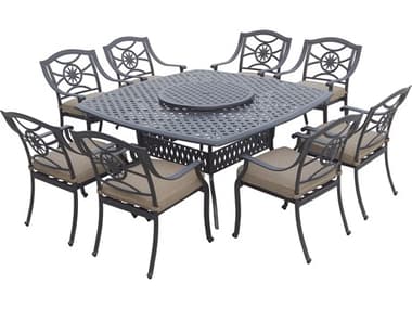 Darlee Outdoor Living Ten Star Antique Bronze Cast Aluminum 10 Piece Dining Set in Sesame Cushions with 64'' Wide Square Dining Table and Lazy Susan DANDL50310PC30W3930