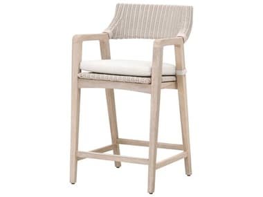 Essentials for Living Outdoor Woven Pure White Synthetic Gray Teak Counter Stool with Performance White Speckle Cushion EFL6810CSPWWHTGT