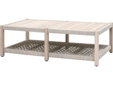 Essentials for Living Outdoor Woven Taupe &amp; White Flat Rope, Gray Teak 56'' Rectangular Coffee Table EFL6870WTAGT