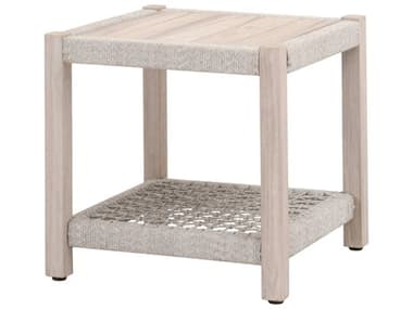 Essentials for Living Outdoor Woven Taupe & White Flat Rope, Gray Teak 21'' Square End Table EFL6872WTAGT