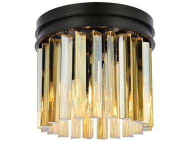 Elegant Lighting Sydney 12" 3-Light Matte Black Gold Crystal Drum Flush Mount EG1208F12MBGT