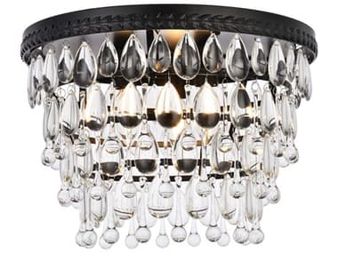 Elegant Lighting Nordic 15" 3-Light Black And Clear Crystal Glass Flush Mount EG1219F15BKRC