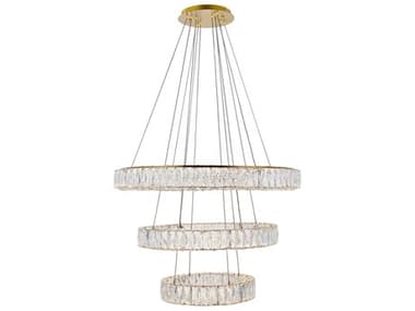 Elegant Lighting Monroe 31" Wide 3-Light Gold Crystal LED Drum Tiered Chandelier EG3503G3LG