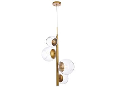 Elegant Lighting Wells 18" 4-Light Brass And Clear Glass Globe Pendant EGLD654D18BR