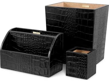 Eichholtz Scaleo Croco Embossed Black Leather Desk Set of 3 EIC118606
