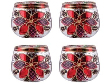 Elk Home Holiday Antique Silver Red Poinsettia Tealight Holders Set of 4 EK394621S4