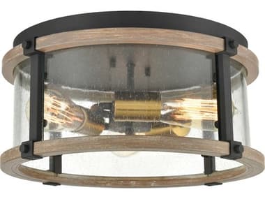 Elk Home Geringer 15" 3-Light Charcoal Beechwood Burnished Brass Gray Glass Drum Flush Mount EK472853