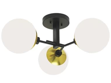 Elk Home Triple Play 3-Light Matte Black Polished Brass Opal Globe Semi Flush Mount EK5675PBOP