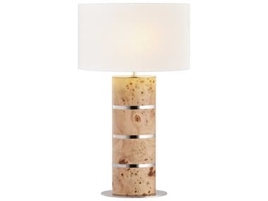 Elk Home Cahill Natural Burl Polished Nickel White Textured Linen Oval Shade Brown Buffet Lamp EKH080911133