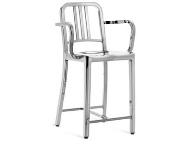 Emeco Outdoor Navy Polished Aluminum Counter Stool with Arms EMO100624AP