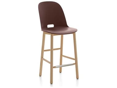 Emeco Outdoor Alfi Ash Wood High Back Counter Stool with Dark Brown Seat and Back EMOALFI24AHDARKBROWN