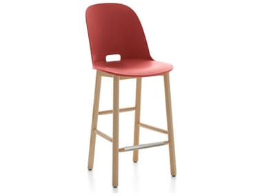 Emeco Outdoor Alfi Ash Wood High Back Counter Stool with Red Seat and Back EMOALFI24AHRED