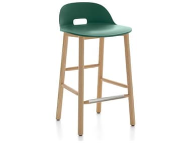 Emeco Outdoor Alfi Ash Wood Low Back Counter Stool with Green Seat and Back EMOALFI24ALGREEN
