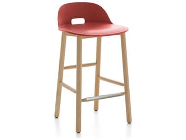 Emeco Outdoor Alfi Ash Wood Low Back Counter Stool with Red Seat and Back EMOALFI24ALRED