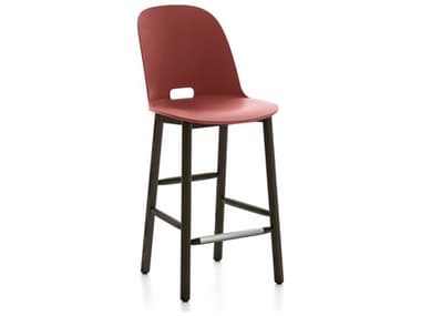 Emeco Outdoor Alfi Ash Wood Black High Back Counter Stool with Red Seat and Back EMOALFI24DAHRED