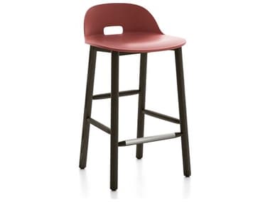 Emeco Outdoor Alfi Ash Wood Dark Low Back Counter Stool with Red Seat and Back EMOALFI24DALRED
