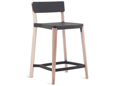 Emeco Outdoor Lancaster Ash Wood Counter Stool with Dark Grey Seat and Back EMOLANCTRDGLW