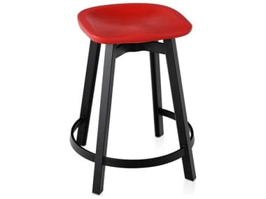 Emeco Outdoor Su By Nendo Aluminum Black Anodized Counter Stool with Red Seat EMOSU24BLACKPSRED