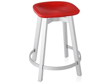 Emeco Outdoor Su By Nendo Aluminum Natural Anodized Counter Stool with Red Seat EMOSU24PSRED