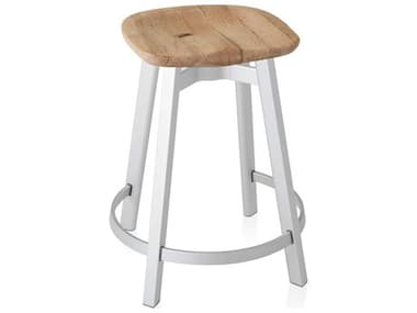 Emeco Outdoor Su By Nendo Aluminum Natural Anodized Counter Stool with Oak Seat EMOSU24WS