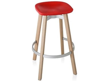 Emeco Outdoor Su By Nendo Wood Bar Stool with Red Seat EMOSU30WOODPSRED