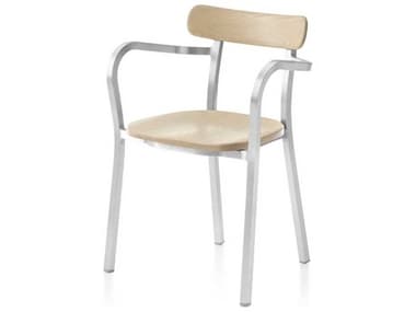 Emeco Outdoor Hand Brushed Aluminum Dining Arm Chair with Wood Seat and Back EMOUTILITYACHBACC