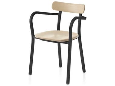 Emeco Outdoor Black Powder Coated Aluminum Dining Arm Chair with Wood Seat and Back EMOUTILITYACPCBLACC