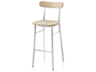 Emeco Outdoor Hand Brushed Aluminum Bar Stool with Wood Seat and Back EMOUTILITYBARHBACC