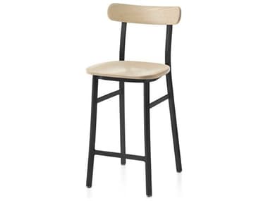 Emeco Outdoor Black Powder Coated Aluminum Counter Stool with Wood Seat and Back EMOUTILITYCTRPCBLACC